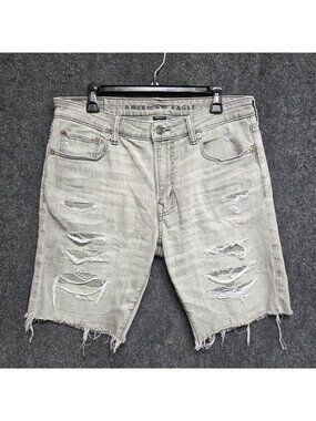 American Eagle Shorts Mens 33 Gray Air FLEX+ Distressed Blue Cut Off Denim Jean